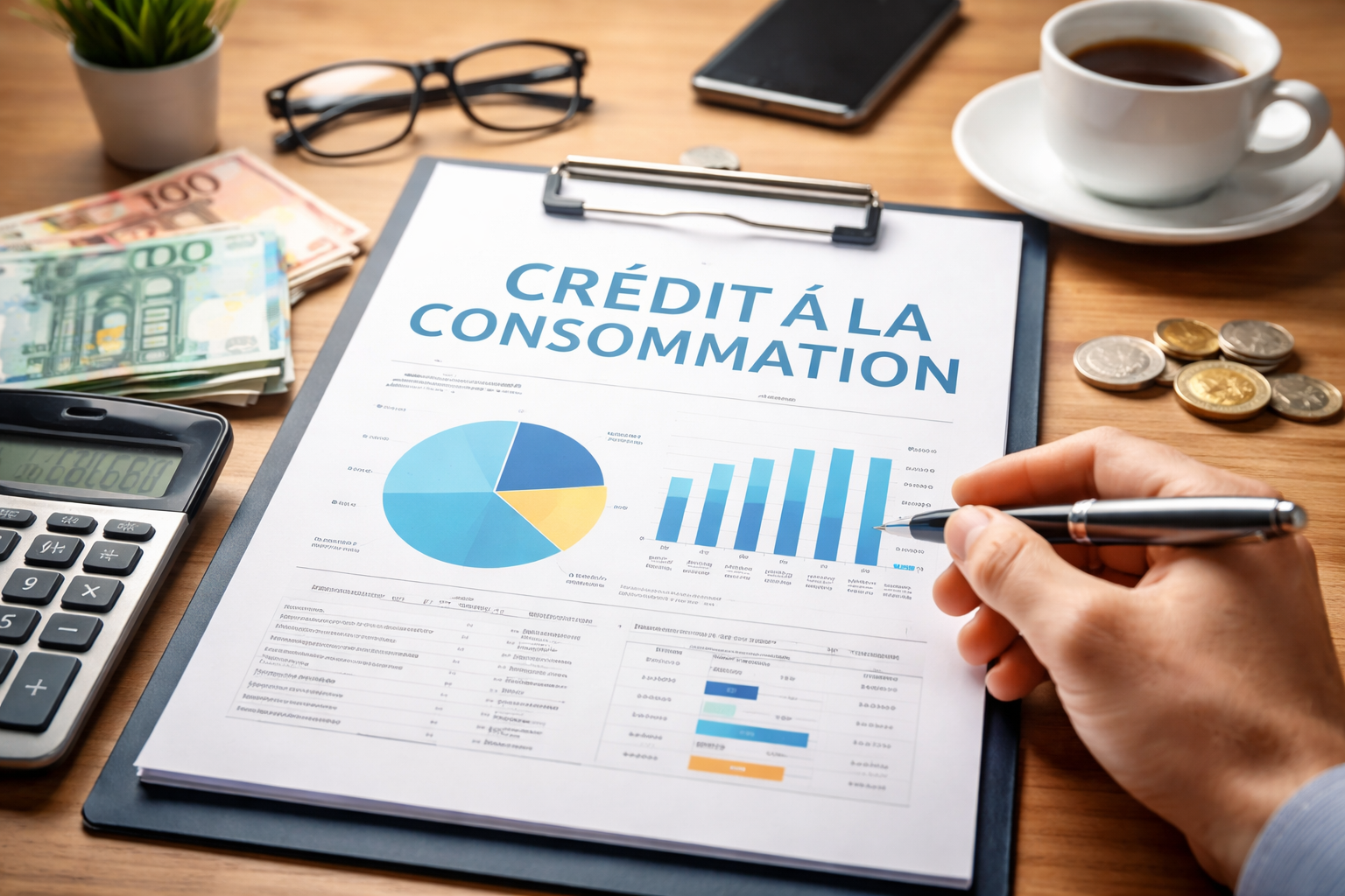 Simulation de crédit à la consommation avec calcul des mensualités et répartition du budget