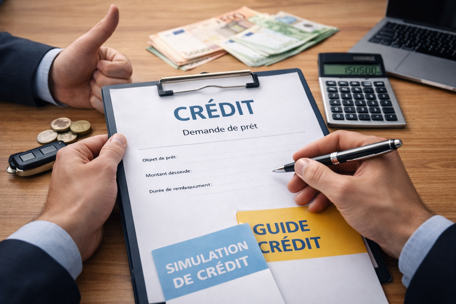 Demande de crédit en cours avec formulaire de prêt, calcul des mensualités et validation du dossier