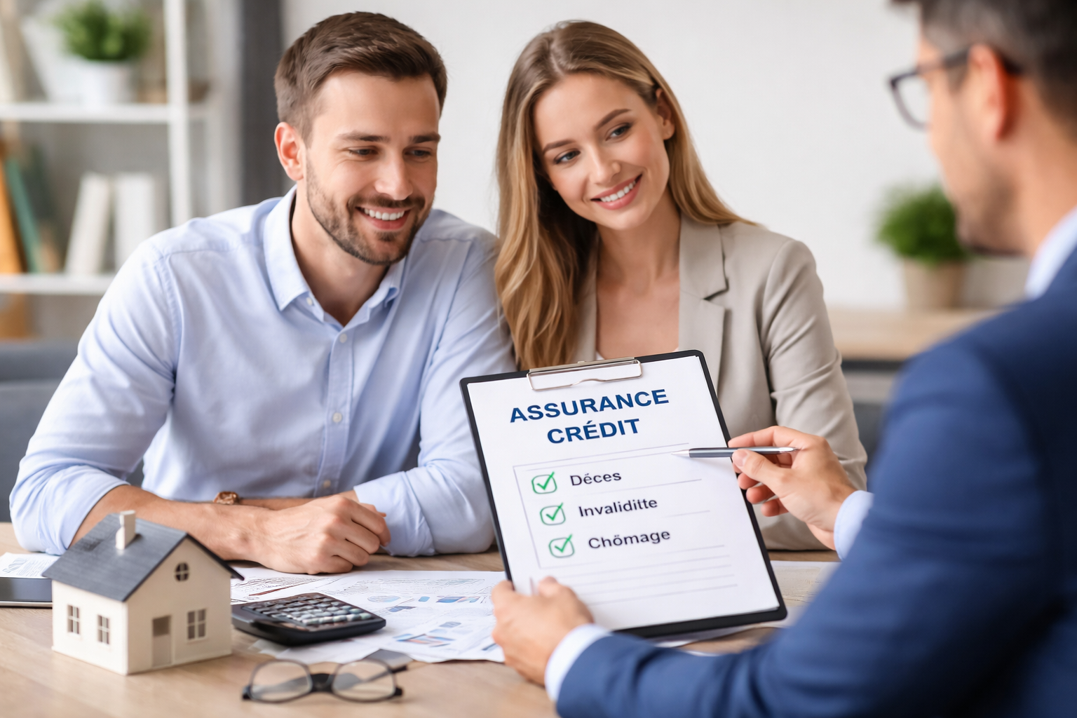 Couple échangeant avec un conseiller financier pour comparer une assurance crédit et une assurance emprunteur