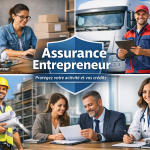 Illustration des assurances pour entrepreneurs : auto-entrepreneur, transport, BTP, PME et professions libérales protégeant leur activité et leurs crédits professionnels.