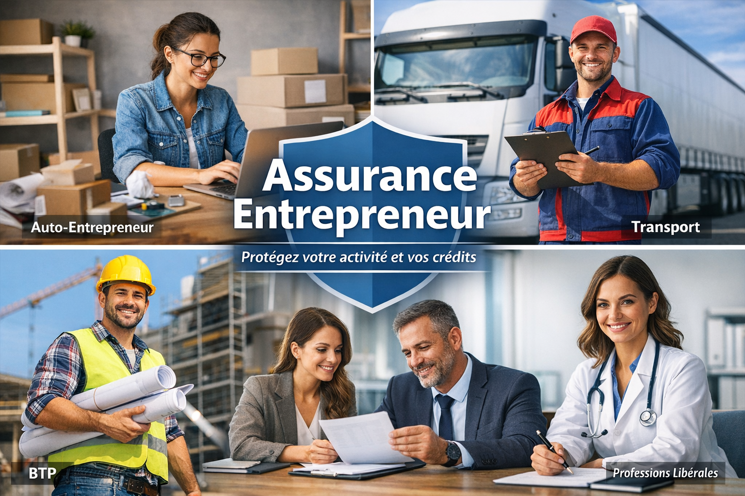 Illustration des assurances pour entrepreneurs : auto-entrepreneur, transport, BTP, PME et professions libérales protégeant leur activité et leurs crédits professionnels.