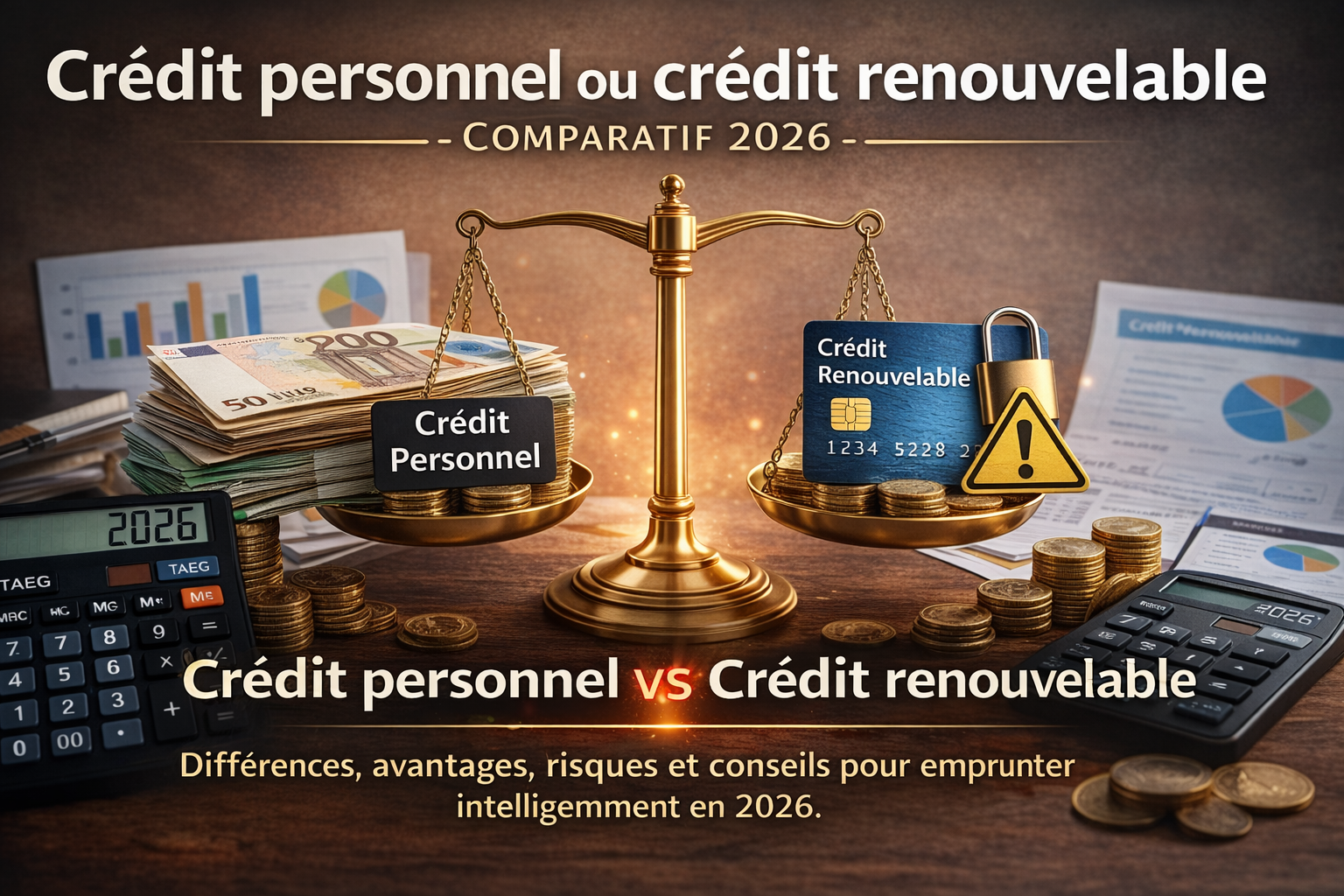 Comparatif 2026 entre crédit personnel et crédit renouvelable avec balance, taux et risques du revolving