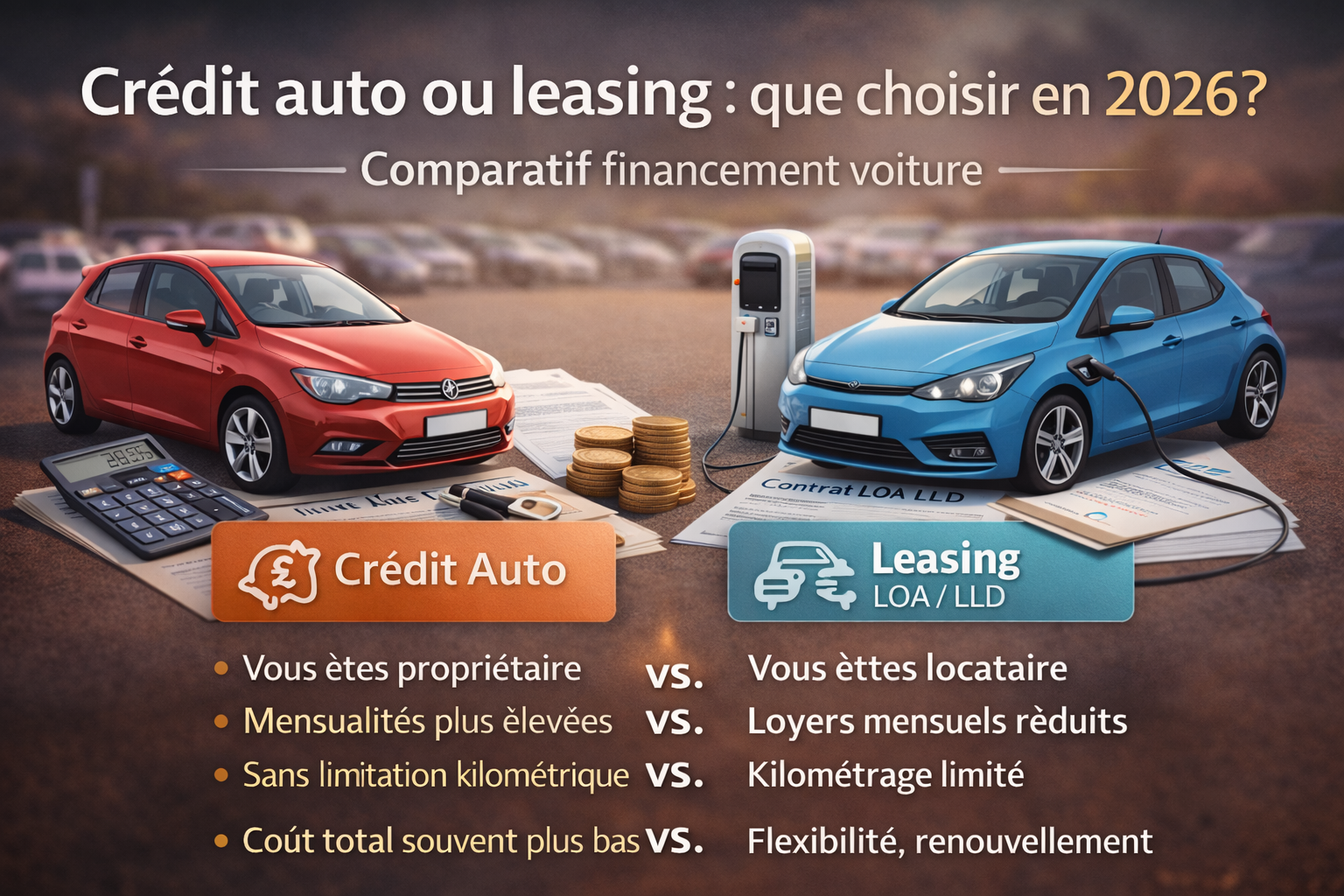 Comparatif crédit auto et leasing en 2026 avec voiture, contrat LOA/LLD et coût du financement