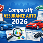 Comparatif assurance auto 2026 avec voitures, contrat d’assurance, calculatrice et pièces représentant les économies.
