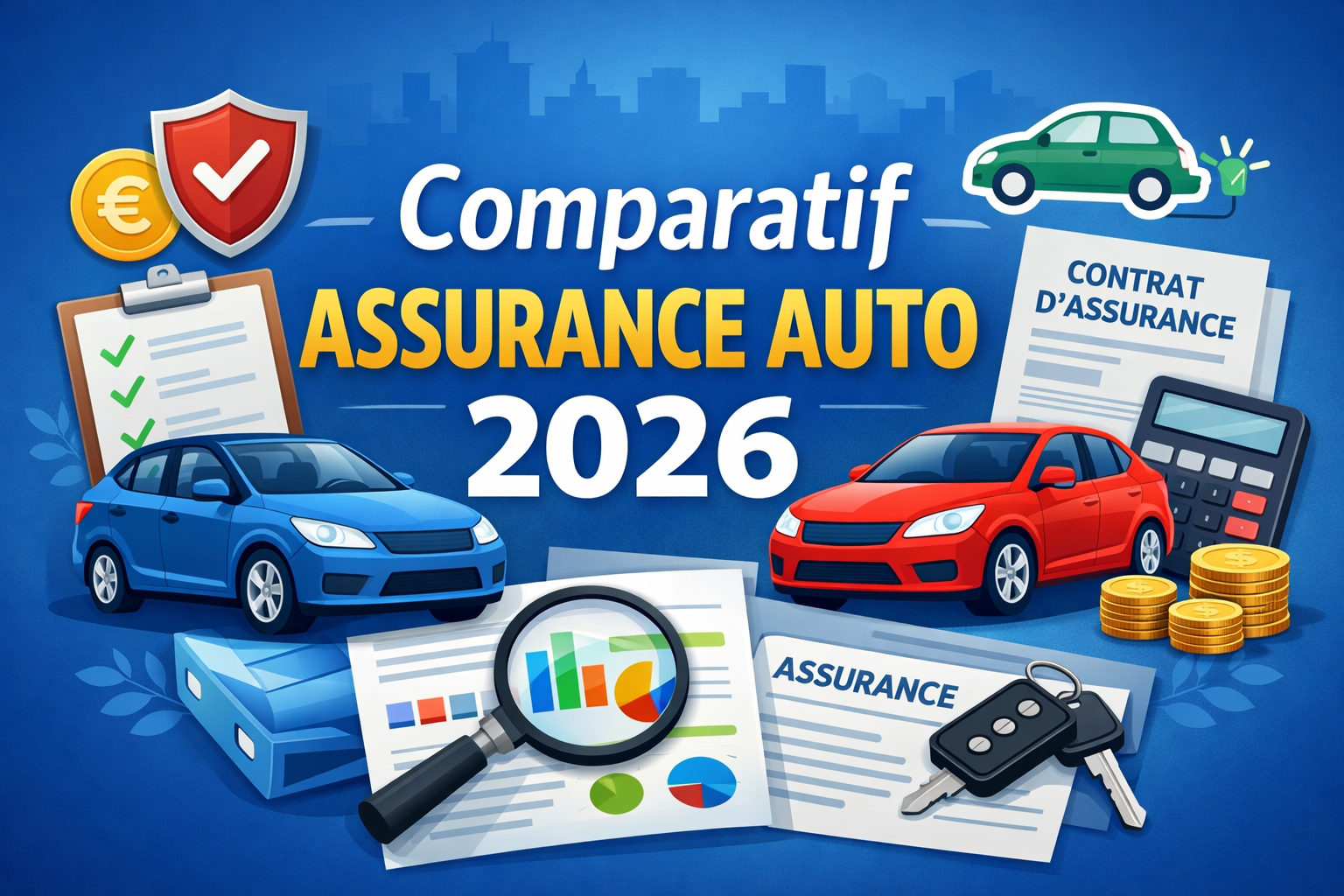 Comparatif assurance auto 2026 avec voitures, contrat d’assurance, calculatrice et pièces représentant les économies.