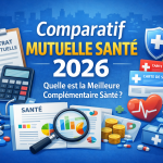 Illustration comparant les mutuelles santé en 2026 avec contrat, stéthoscope, carte de santé, médicaments et symbole d’économies.