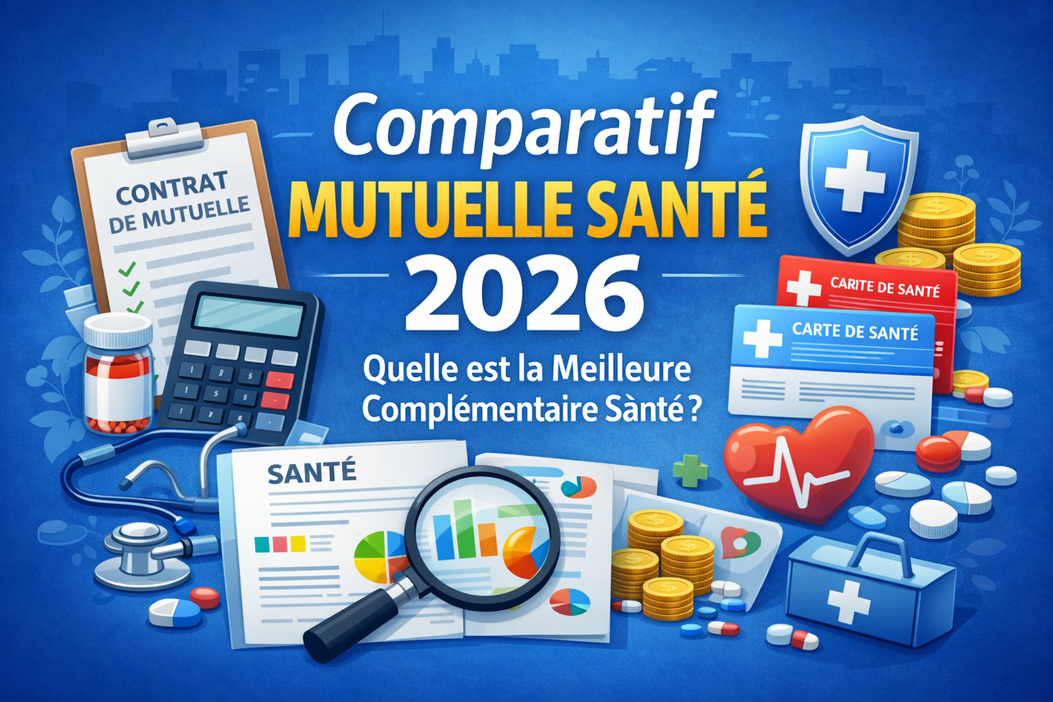Illustration comparant les mutuelles santé en 2026 avec contrat, stéthoscope, carte de santé, médicaments et symbole d’économies.