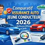 Illustration d’un comparatif d’assurance auto jeune conducteur en 2026 avec voitures, contrat d’assurance, calculatrice et pièces symbolisant les économies.