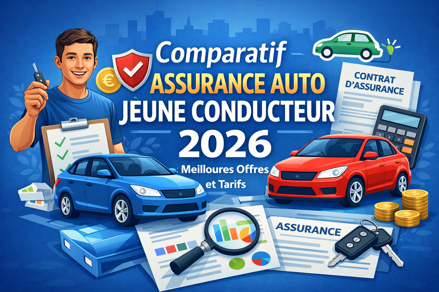 Illustration d’un comparatif d’assurance auto jeune conducteur en 2026 avec voitures, contrat d’assurance, calculatrice et pièces symbolisant les économies.