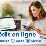 Femme réalisant une simulation de crédit en ligne sur ordinateur portable