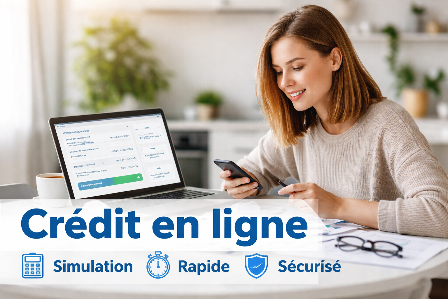 Femme réalisant une simulation de crédit en ligne sur ordinateur portable