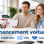 Couple en concession automobile discutant d’un financement voiture avec crédit auto, LOA et leasing