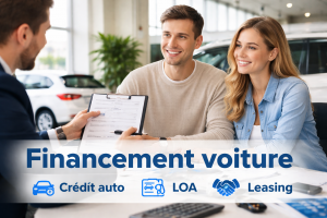 Couple en concession automobile discutant d’un financement voiture avec crédit auto, LOA et leasing