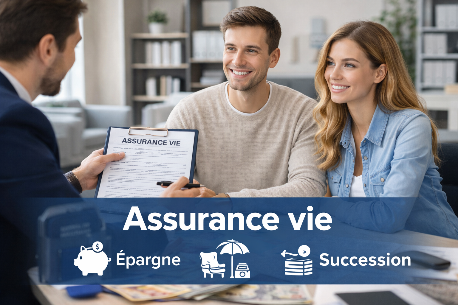Assurance vie : couple signant un contrat avec un conseiller financier