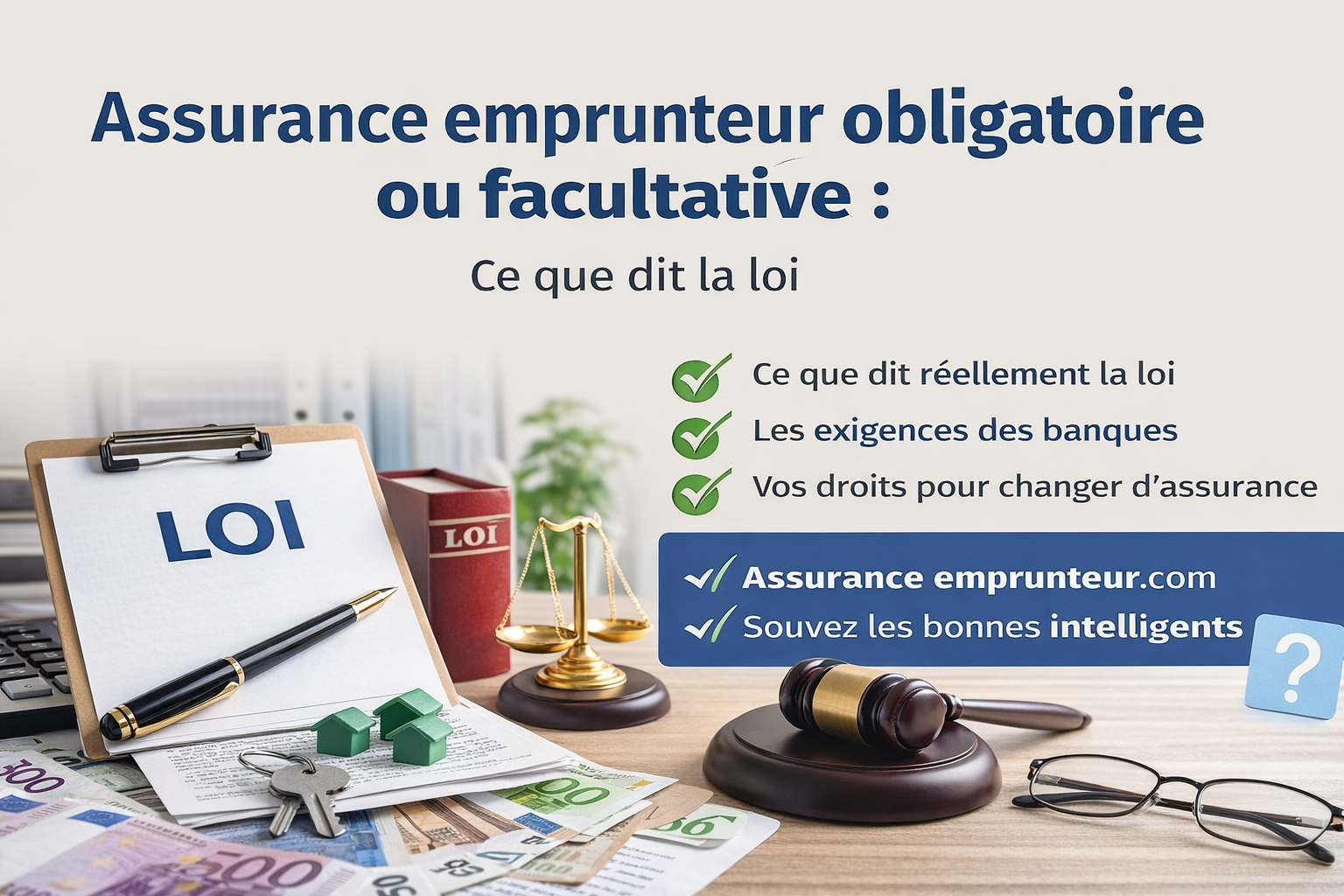 Illustration sur l’assurance emprunteur obligatoire ou facultative selon la loi française, avec symboles juridiques et financiers.