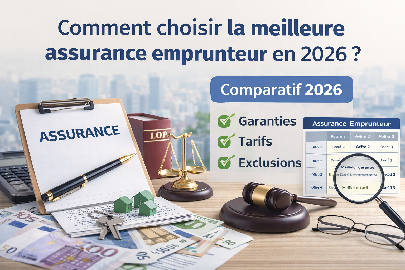 Illustration comparant les garanties, tarifs et exclusions pour choisir la meilleure assurance emprunteur en 2026.