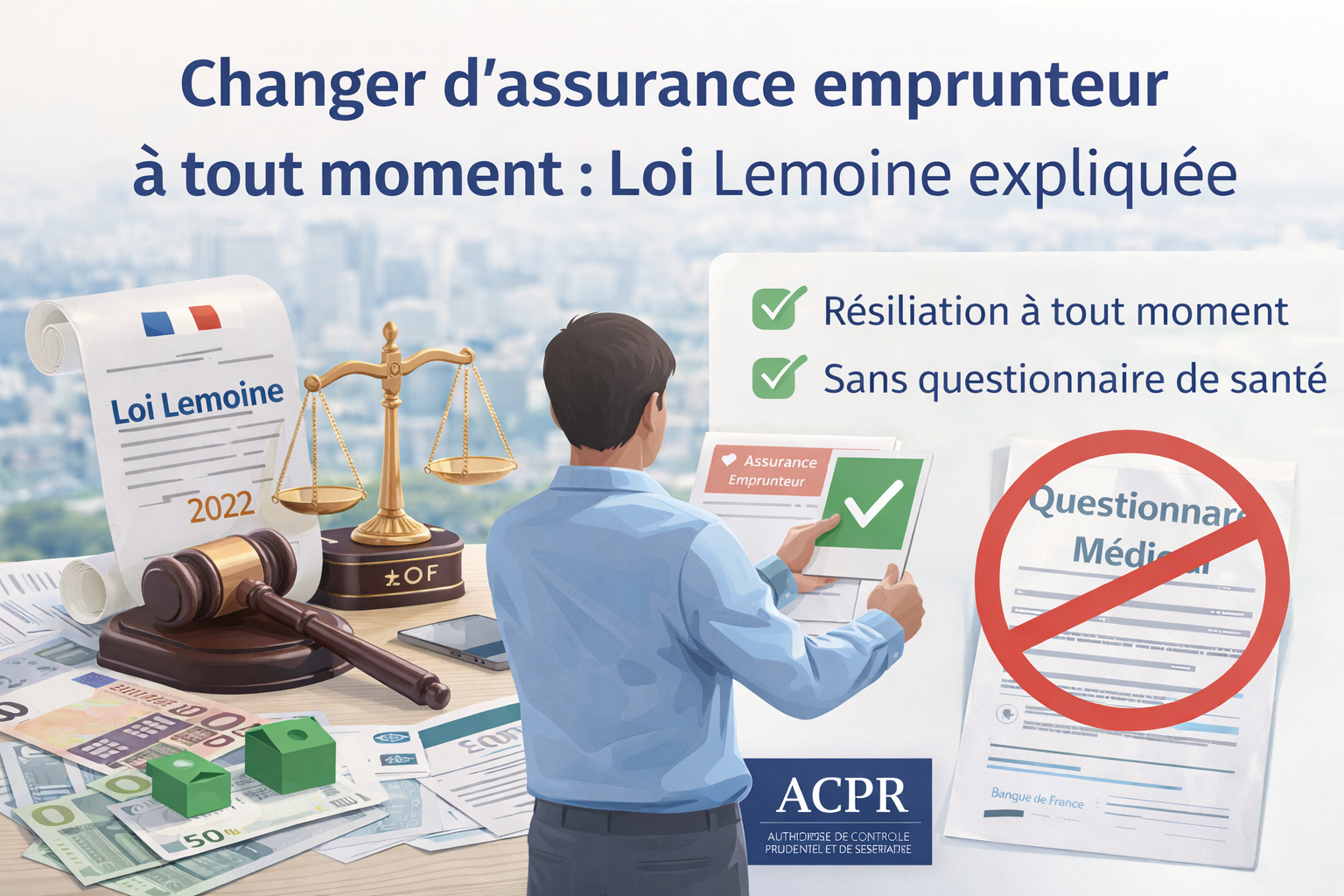 Illustration montrant la loi Lemoine permettant de changer d’assurance emprunteur à tout moment et de supprimer le questionnaire médical.