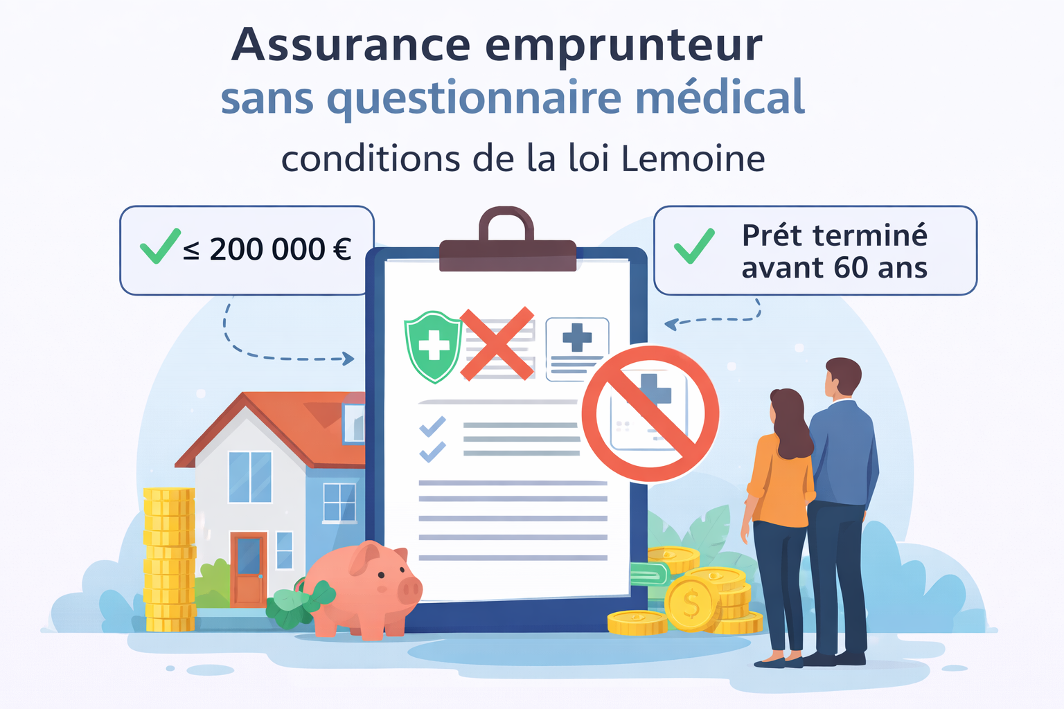 Illustration expliquant les conditions pour bénéficier d’une assurance emprunteur sans questionnaire médical grâce à la loi Lemoine.