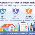 Infographie expliquant les garanties assurance emprunteur ITT, IPT et PTIA dans un contrat de prêt immobilier.