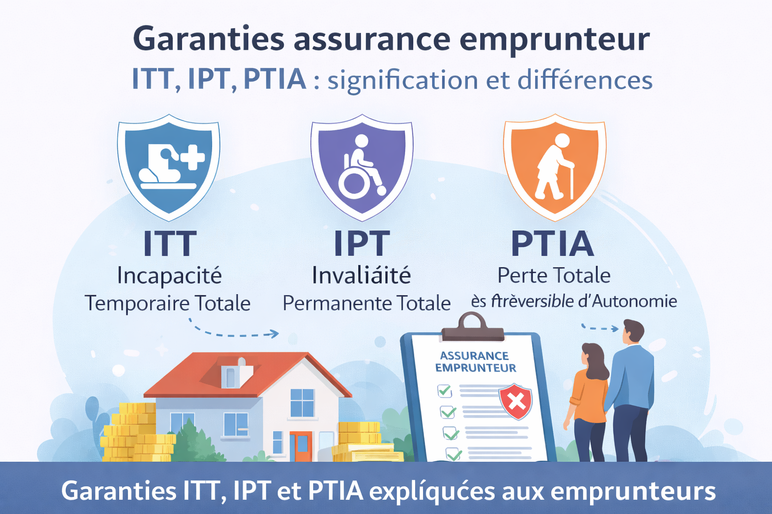 Infographie expliquant les garanties assurance emprunteur ITT, IPT et PTIA dans un contrat de prêt immobilier.