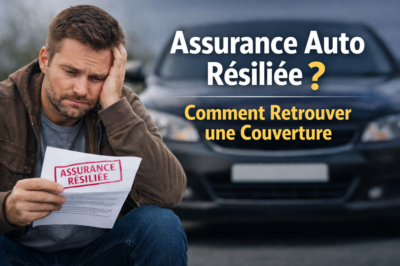 Conducteur inquiet tenant une lettre assurance auto résiliée devant sa voiture