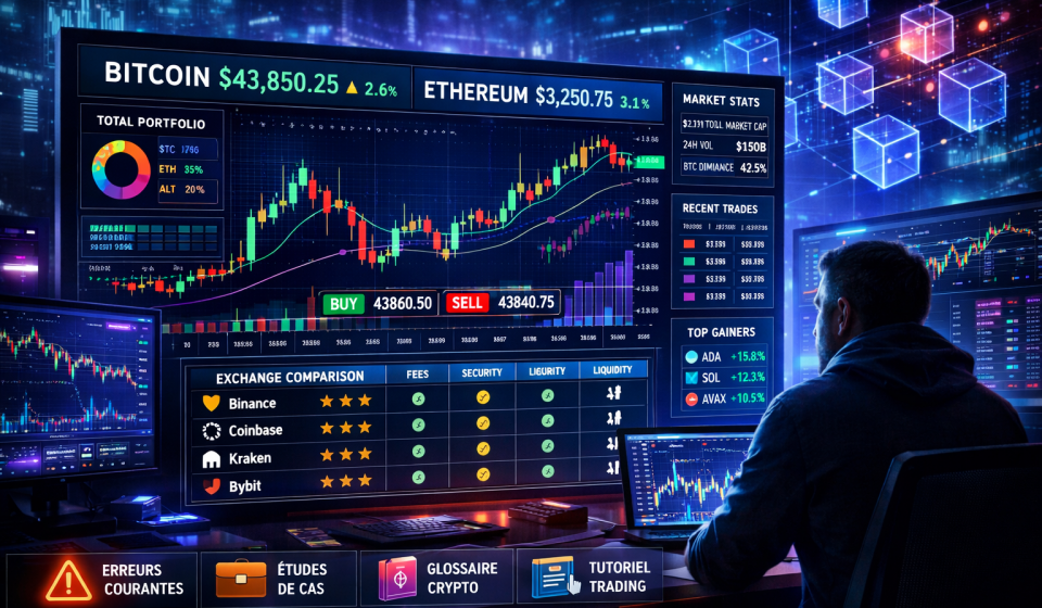 Tableau de bord de cryptocurrency trading avec graphiques Bitcoin et Ethereum et gestion du risque