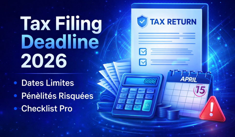 Illustration calendrier fiscal et calculatrice représentant la date limite de déclaration d’impôts 2026