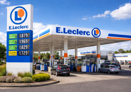Station-service E.Leclerc avec pompes à carburant et panneau de prix, opération carburant à prix coûtant