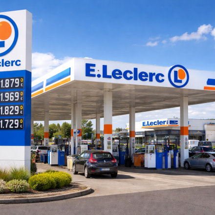 Station-service E.Leclerc avec pompes à carburant et panneau de prix, opération carburant à prix coûtant