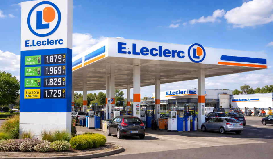 Station-service E.Leclerc avec pompes à carburant et panneau de prix, opération carburant à prix coûtant