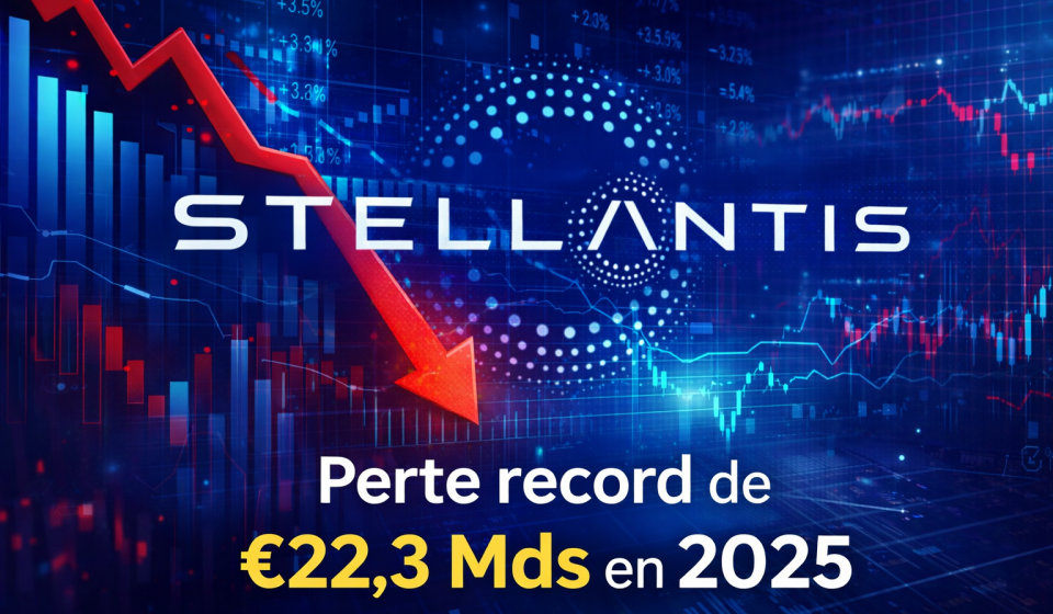 Stellantis annonce une perte nette record de 22,3 milliards d’euros en 2025, illustrée par une flèche rouge descendante et des graphiques financiers.