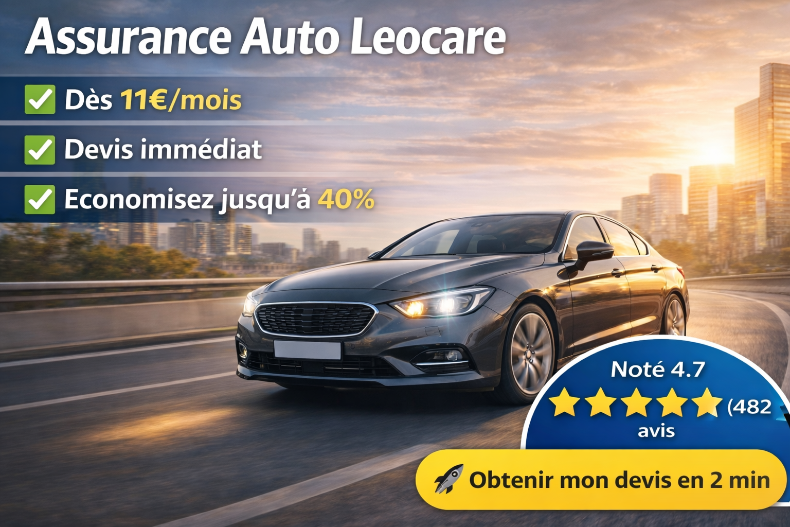 Assurance auto Leocare dès 11 euros par mois avec devis immédiat et économies jusqu’à 40%