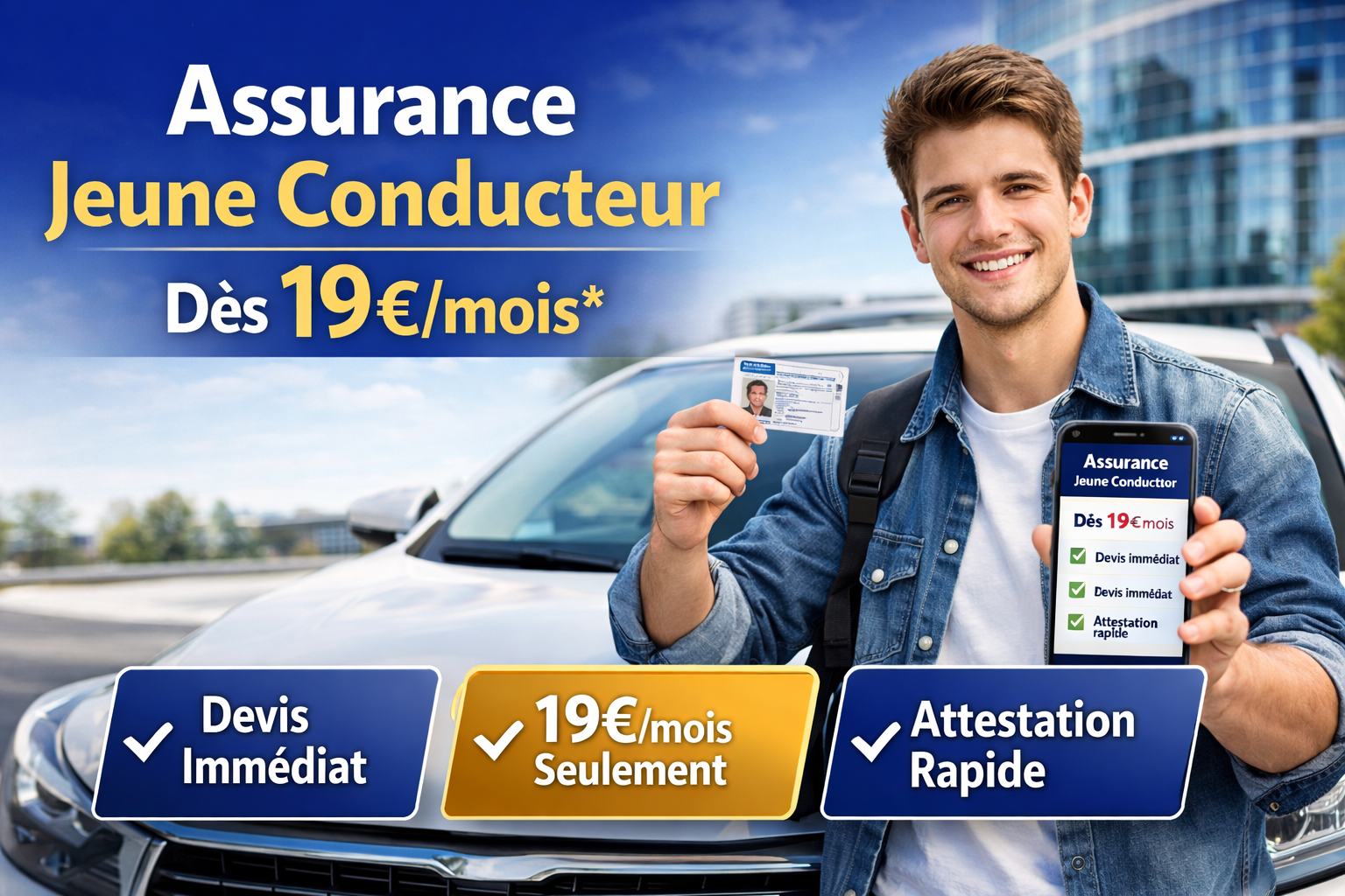 Assurance jeune conducteur dès 19 euros par mois avec devis immédiat et attestation rapide
