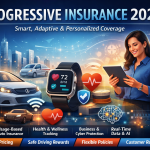 Progressive insurance concept illustration showing auto coverage, health tracking, business protection, and AI-driven personalized insurance services.
