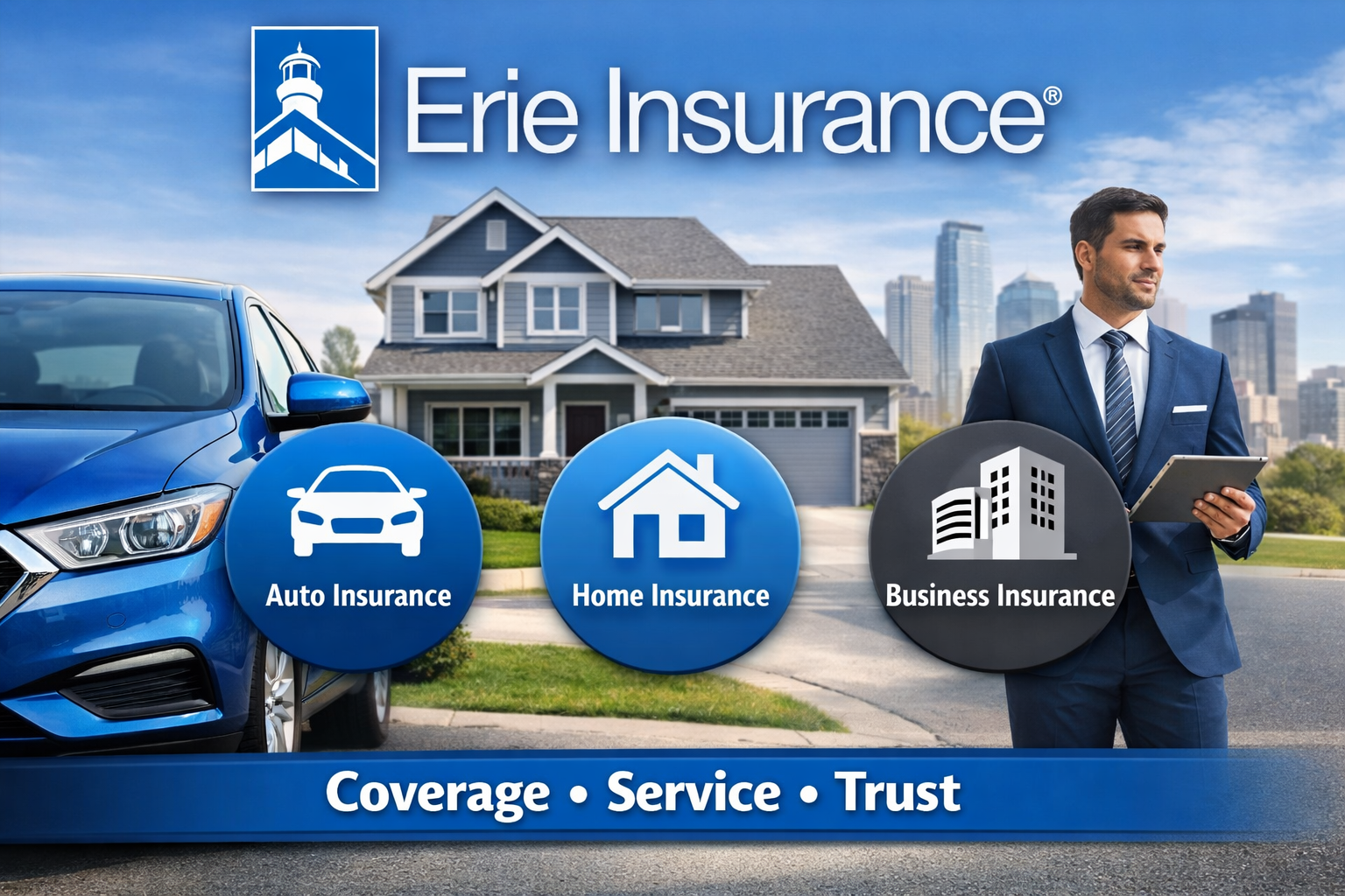 Erie Insurance auto, home and business coverage illustration