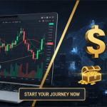 Digital trading dashboard showing XM platform on a laptop and smartphone with a 50 dollar bonus offer and 11.7 billion trades statistic.