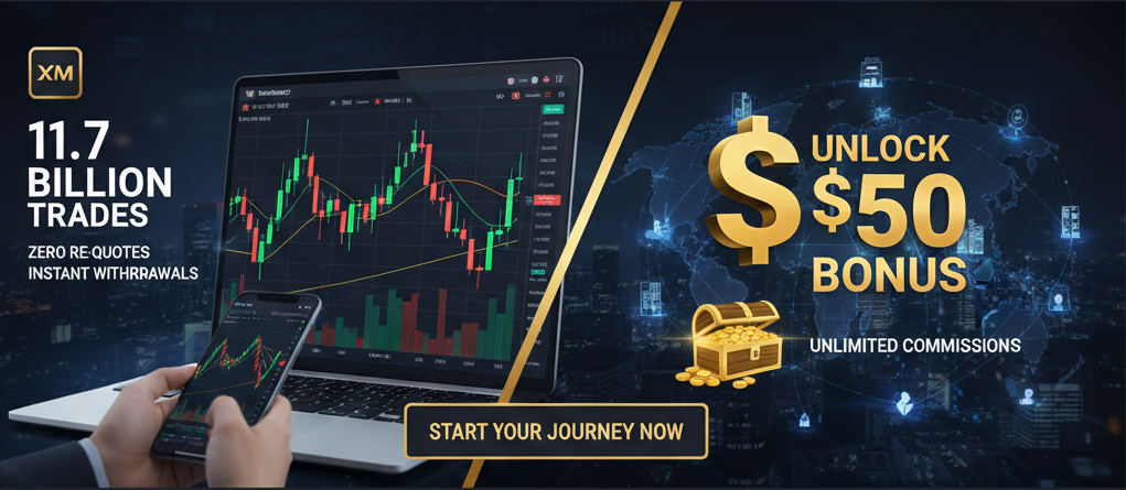 Digital trading dashboard showing XM platform on a laptop and smartphone with a 50 dollar bonus offer and 11.7 billion trades statistic.