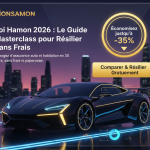 Crucial pour l'accessibilité et le référencement Google Images. Texte : Infographie moderne Loi Hamon 2026 présentant une voiture de sport futuriste sur une route lumineuse, avec titre Guide Masterclass pour résilier sans frais et indicateur d'économie de -35%.
