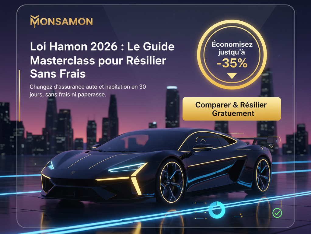 Crucial pour l'accessibilité et le référencement Google Images. Texte : Infographie moderne Loi Hamon 2026 présentant une voiture de sport futuriste sur une route lumineuse, avec titre Guide Masterclass pour résilier sans frais et indicateur d'économie de -35%.
