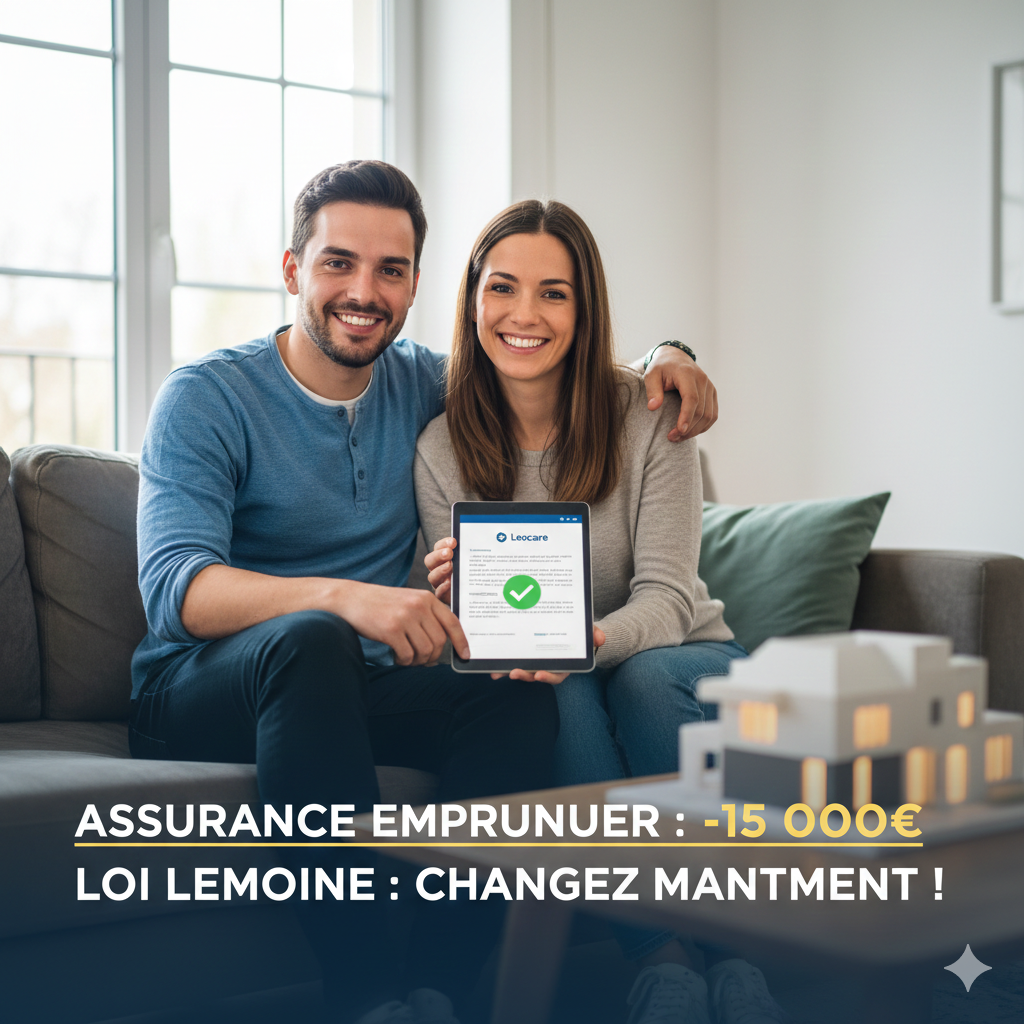 Couple souriant dans leur salon présentant l'économie de 15 000 euros réalisée sur leur assurance emprunteur avec l'application Leocare.