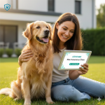 Jeune femme souriante avec son chien Golden Retriever utilisant une tablette pour souscrire à l'assurance chien Leocare en ligne.