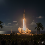 Décollage de la fusée Ariane 6 de nuit depuis le Centre Spatial Guyanais de Kourou, symbolisant la souveraineté économique et l'assurance spatiale européenne.