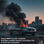 Rappel BMW incendie : une berline BMW avec un départ de feu moteur sur l'autoroute et application de vérification VIN sur smartphone.