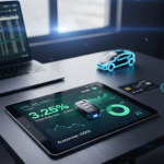 Cible les mots-clés "Crédit Auto" et "TAEG" pour Google Images. Texte : Simulation de crédit auto 2026 sur tablette affichant un TAEG Prêt Vert de 3,25% avec des clés de voiture et une icône de recharge électrique.