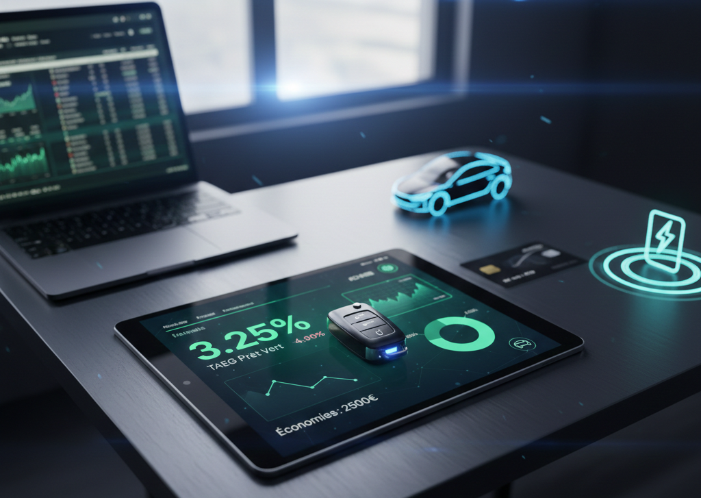 Cible les mots-clés "Crédit Auto" et "TAEG" pour Google Images. Texte : Simulation de crédit auto 2026 sur tablette affichant un TAEG Prêt Vert de 3,25% avec des clés de voiture et une icône de recharge électrique.