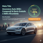 Le plus important pour le SEO Google Images. Texte : Comparatif assurance auto 2026 avec voiture électrique Tesla grise sur route au coucher du soleil, icônes d'économie et bouton comparer les tarifs.