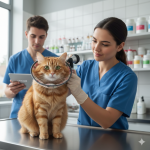 Chat roux en consultation chez le vétérinaire avec une assistante médicale utilisant une tablette Leocare.