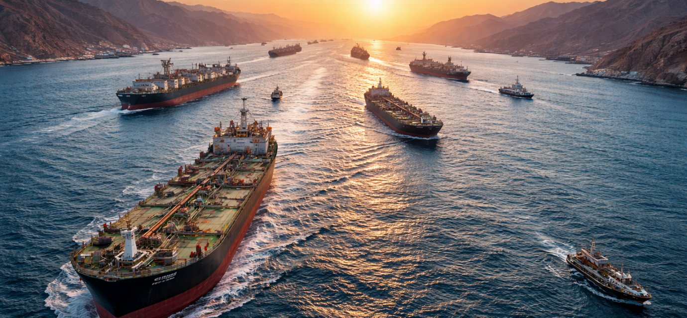 Navires pétroliers traversant le détroit d’Ormuz au coucher du soleil entre l’Iran et Oman