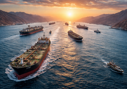 Navires pétroliers traversant le détroit d’Ormuz au coucher du soleil entre l’Iran et Oman