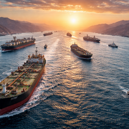 Navires pétroliers traversant le détroit d’Ormuz au coucher du soleil entre l’Iran et Oman